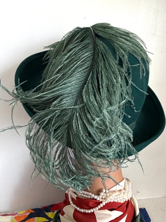 Vintage 1940s USA Bollman Victorian Plume Feather Bowler Fedora Forest Green Hat main image 7